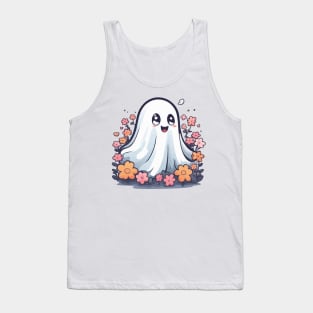 Kawaii Halloween Ghost in Floral Garden Tank Top